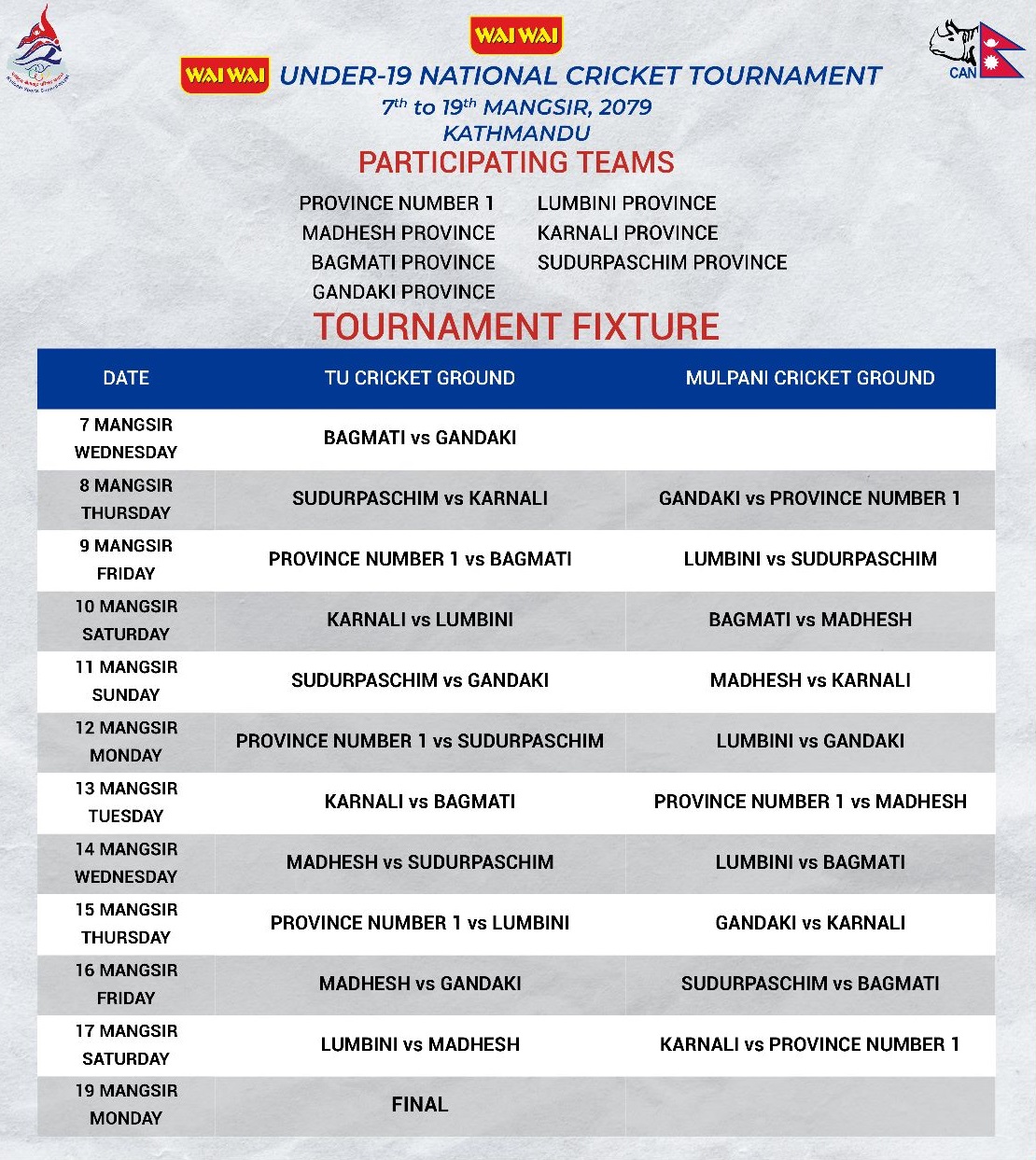 १९ वर्षमुनिको राष्ट्रिय क्रिकेटको खेल तालिका सार्वजनिक